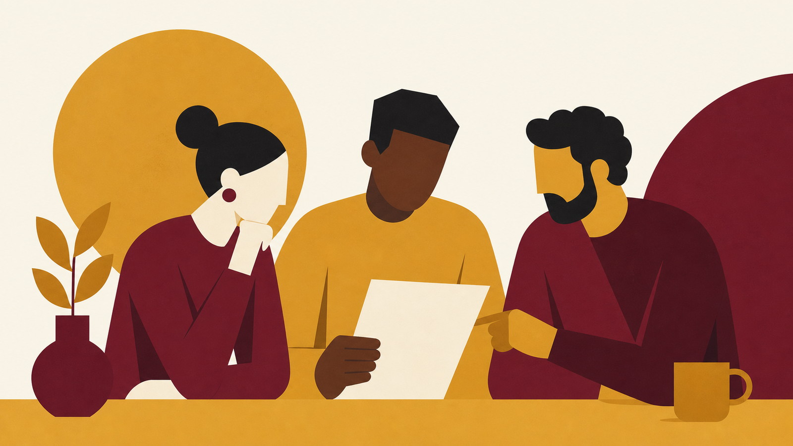Illustration som visar två personer som granskar dokument tillsammans, symbol för LicensGuidens arbetssätt